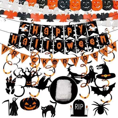 POFIBO Halloween Deko, Halloween Deko Innen, Halloween Girlande, Halloween Banner und Halloween Hängedeko mit 60g Spinnennetz, Deko für Kinder zu Halloween, für Grusel Halloween-Party-Horror-Deko von POFIBO