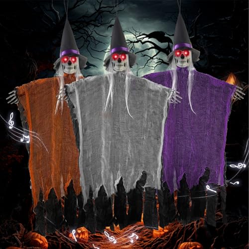 POFIBO Halloween Deko Outdoor, 3 Stück Halloween Hexe mit Licht und Sound, 100x75cm Horror Deko Hängende Skelett-Geisterdekoration für den Halloween Garten und das Spukhaus von POFIBO