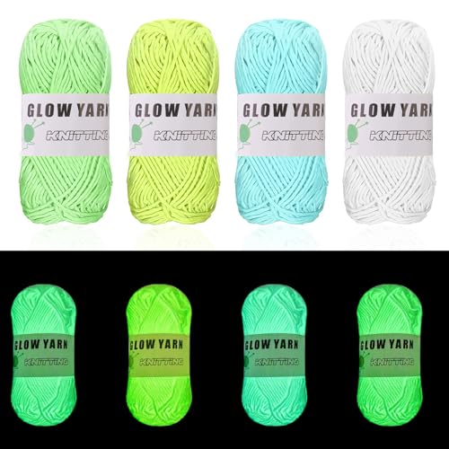 POFIBO Leuchtwolle zum Häkeln, 4 Stück Nachtleuchtende Wolle, Leuchtende Wolle im Dunkeln, 4 Farben DIY Glow in the Dark Wolle, Fluoreszierende Wolle Geschenke für Handstricken Schal, Puppen, Handwerk von POFIBO