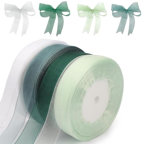 4 Rollen 45m Organzaband, 2cm Breit Geschenkband für Geschenkverpackungen, Weihnachtsbaum, Basteln, Schleifen, Hochzeitseinladungen(FARBE:Weiß, Aquagrün, Waldgrün, Salbeigrün enthalten) von POHOVE