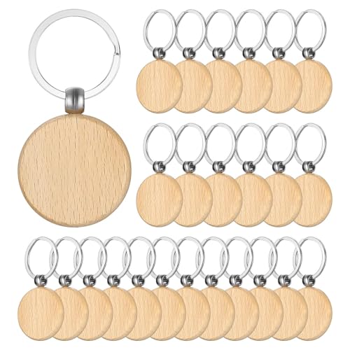 Schlüsselanhänger Holz, 25 Stück Schlüsselanhänger Holz Rohling, Runde Wooden Schlüsselanhänger Blanko für DIY Dekoration Geschenke Schlüsselbund(COLOR:Braun) von POHOVE