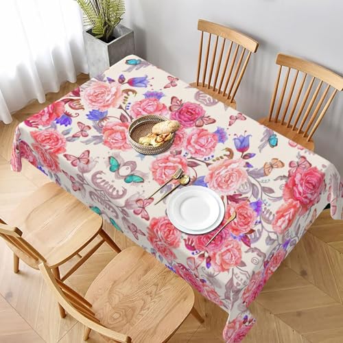 POKIKKJH Quadratische Tischdecke mit Blumenrosen, Schmetterlingen aus Polyestergewebe, geeignet für Restaurants, Küche und Partydekoration, geeignet für quadratische Tische, leicht zu reinigen und als von POKIKKJH