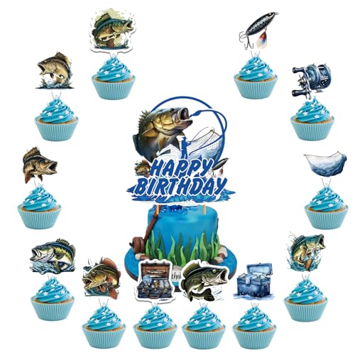 25 Stück Angeln Kuchen Dekorationen Gone Fishing Kuchen Topper Cupcake Topper für Angeln Geburtstag Dekorationen Baby Dusche Dekorationen Geburtstag Party Supplies von POMNUG