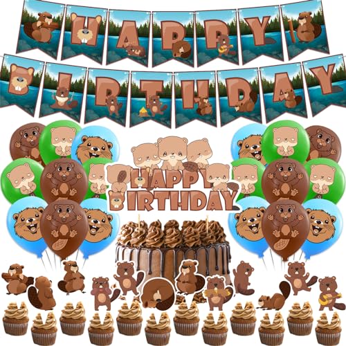 POMNUG Beaver Geburtstag Party Dekoration inklusive Banner, Luftballons, Cake Topper, Cupcake Topper, Band in Braun für Biber-Geburtstagsfeiern von POMNUG