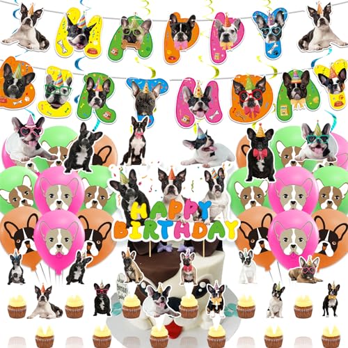 Boston Terrier Party Supplies Boston Terrier Geburtstag Party Dekorationen Set mit Boston Terrier Geburtstag Banner Kuchen Cupcake Toppers Ballons Spiralen für Boston Terrier Hund Geburtstag Party von POMNUG