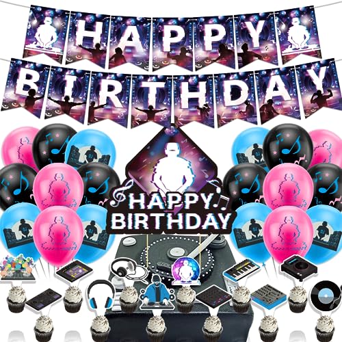 DJ Party Dekoration Musik DJ Geburtstag Party Zubehör inklusive DJ Geburtstag Banner Cake Topper Cupcake Toppers Luftballons für Rock DJ Party Dekoration von POMNUG