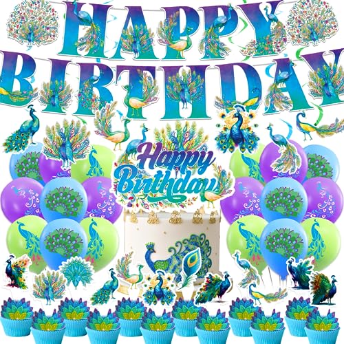 Pfau Party Dekorationen Bunte Pfau Party Supplies Zoo Vogel Thema Party Dekorationen Mit Pfau HAPPY BIRTHDAY Banner Hängende Wirbel Kuchen Cupcake Toppers Ballons für Pfau Geburtstag Party von POMNUG