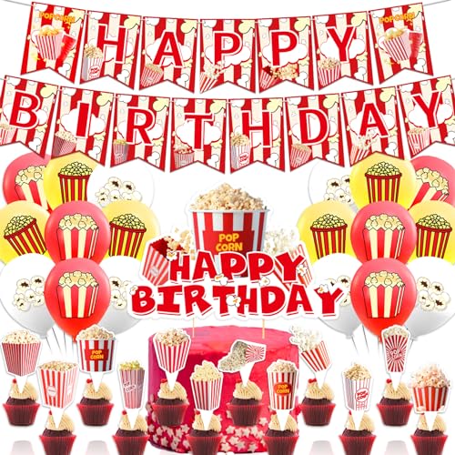 Popcorn Dekorationen Popcorn Geburtstag Party Zubehör beinhaltet Popcorn Geburtstag Banner Cupcake Toppers Kuchen Topper Ballons für Popcorn Geburtstag Party Film Nacht Karneval Zirkus Party von POMNUG