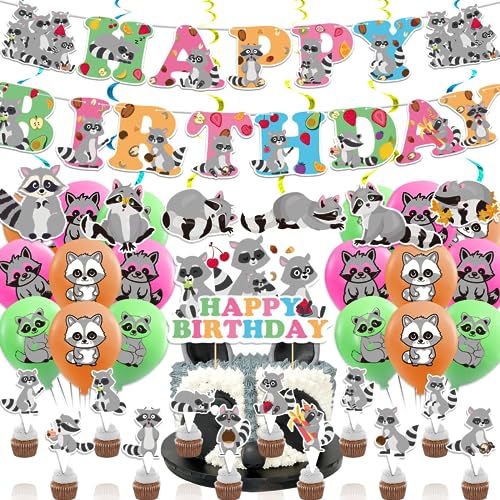 Raccoon Birthday Party Supplies Raccoon Party Dekorationen Set mit Raccoon Birthday Banner Hanging Swirls Kuchen Cupcake Toppers Luftballons für Raccoon Baby Shower Dekorationen von POMNUG