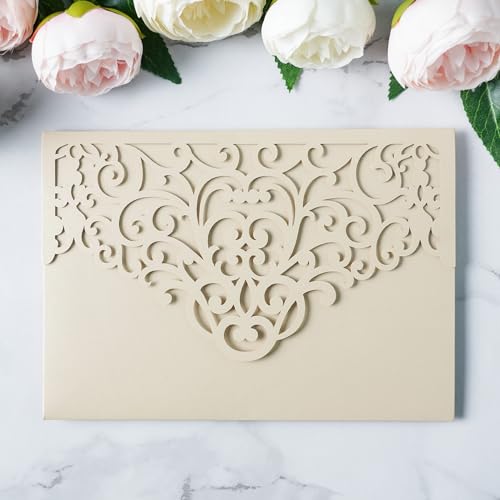 ponatia 20 Stück beige lasergeschnittene Hochzeitseinladungen, dreifach gefaltet, 12,7 x 17,8 cm, lasergeschnittene Einladungstaschen für Hochzeit, Brautparty, Quinceanera 15 Anos Einladungen (ohne von PONATIA