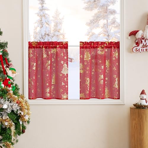 PONY DANCE Fenster Gardinen Kurz Transparent Scheibengardinen Weihnachten Bistrogardine 2er Set B 60 x H 90 cm Weihnachts Vorhänge Transparent Kurzgardine mit Stangedurchzug, Rot von PONY DANCE