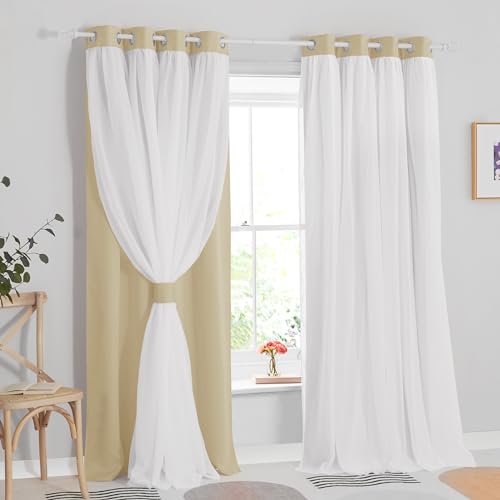 PONY DANCE Gardinen Wohnzimmer Vorhang 240 cm Lang Verdunkelungsvorhang mit Ösen Doppellagige Vorhänge mit Voile Kinderzimmer Gardinen 2 Stücke H 240 x B 132 cm, Biscotti Beige von PONY DANCE