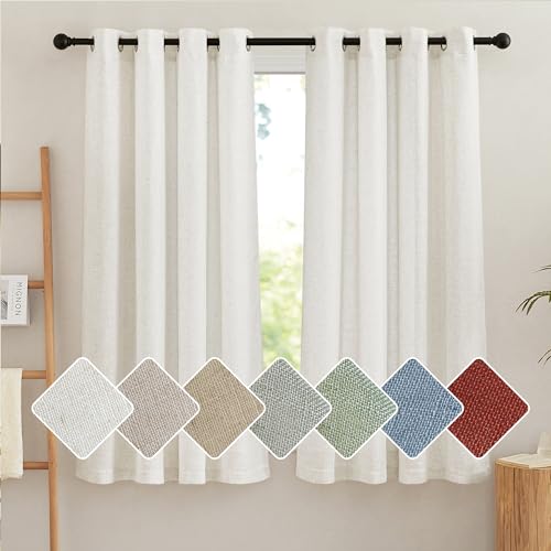 PONY DANCE Leinen Gardinen für Kleine Fenster Boho Vorhänge mit Ösen 2er Set Kurzgardinen Wohnzimmer/Küche Fenstervorhänge Leinenoptik Halbtransparent Linen Curtains, Creme, H 137 x B 140 cm von PONY DANCE