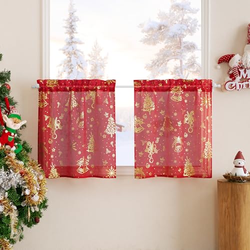 PONY DANCE Scheibengardine Weihnachten Stores Gardinen Rot Scheibengardinen Transparent Fenstergardinen 2er Set B 60 x H 45 cm Weihnachts Gardinen Küche Kurzgardinen für Kleine Fenster von PONY DANCE