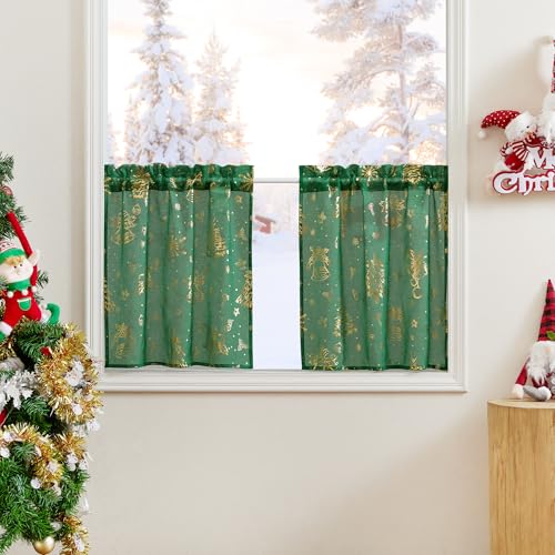 PONY DANCE Transparente Scheibengardinen Weihnachten Fenster Gardinen Kurz Bistrogardine 2er Set B 60 x H 90 cm Dekoration Vorhänge mit Stangedurchzug Kurzgardine Dunkelgrün von PONY DANCE