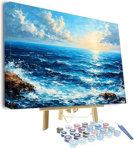 Malen Nach Zahlen Erwachsene, Blau Paint by Numbers Adult, Wellen DIY Handgemalt Ölgemälde Mit 3 - Pinseln und Acrylfarbe Knitterfreie Leinwand Kit, Wand Deko Bilder Ohne Rahmen, 50x40cm P-745 von POOJNNPP