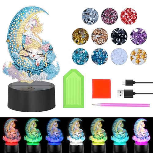 Geschenke für Mädchen 5 6 7 8 9 10 Jahre,Diamond Painting Kinder Set,DIY Diamant Painting Katze und Mond,5D Diamantmalerei DIY Nachtlicht Bastelset Diamantmalerei Kinder Mädchen für Home Desktop Decor von POPGMMT