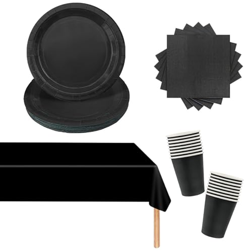 53PCS Papiergeschirr Schwarz Papier Geschirr Set Party Weihnachts Party Geschirr Set, Schwarz Tischdecke Rechteckig,Pappteller,Servietten,Pappbecher für Geburtstag,Hochzeiten,Weihnachten Dekoration von POPOYU