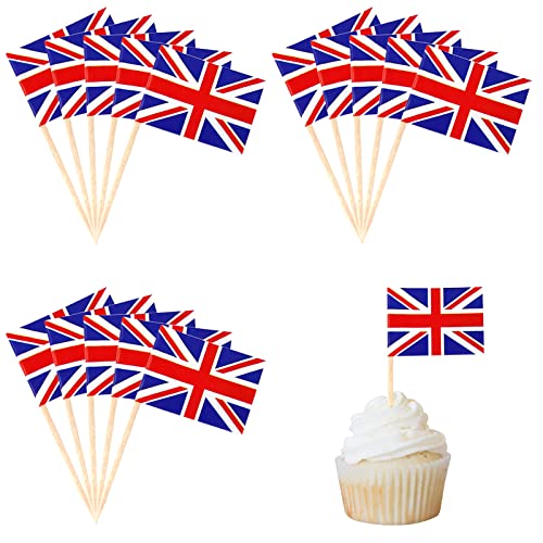 100 Stück King Coronation Union Jack Flagge, Cocktailspieße, Mini-Zahnstocher, Sandwich, Essen, Cupcakes, Aufsätze für King's Birthday, British Royal Events, Union Jack Royal Street Partyzubehör von POPOYU