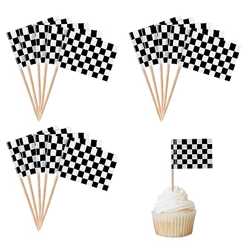 100 Stücke Karierte Rennflagge Zahnstocher Rennwagen Kuchen Toppers Schwarz und Weiß Karierte Cupcake Picks Flagge Dessert Flaggen Für Rennwagen-Party Geburtstag Hochzeitsfeier Tisch Dekoration von POPOYU