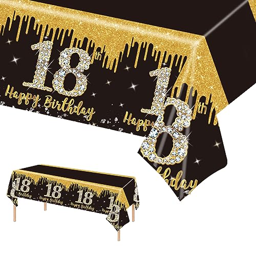 137 x 274 cm Schwarz und Gold zum Geburtstag Tischdecke Schwarz Gold Tischdeko für Mann Frau 18. Geburtstag,Rechteckige Kunststoff Tischdecke für Partydekorationen zum 18. Geburtstag von POPOYU