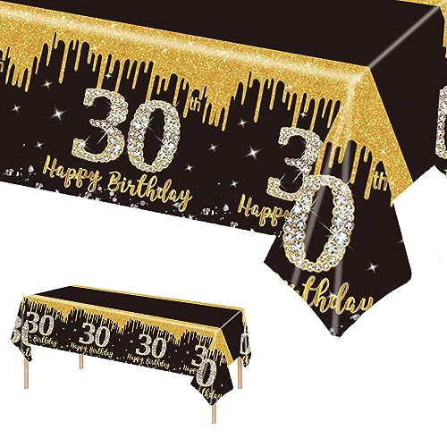 137 x 274 cm Schwarz und Gold zum Geburtstag Tischdecke Schwarz Gold Tischdeko für Mann Frau 30. Geburtstag,Rechteckige Kunststoff Tischdecke für Partydekorationen zum 30. Geburtstag von POPOYU