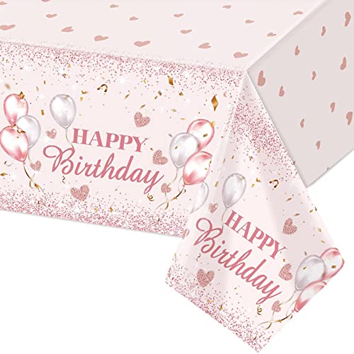 137x274cm Rosa Geburtstag Tischdecke Alles Gute zum Geburtstag Tischdecke Mädchen und Frauen Rechteck Wasserdicht Tischtuch für rosa Mottoparty Garten Picknick Babyparty Geburtstagsparty-Dekorations von POPOYU