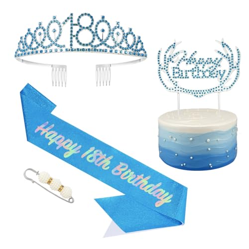 15 Geburtstag Krone und Schärpe Blau,Krone 15.Geburtstag,15. Geburtstag Schärpe und Tiara Kristall Kuchenaufsätze Kit,Krone 15 Geburtstag Mädchen für Geburtstag Geschenk Partyzubehör Dekor von POPOYU