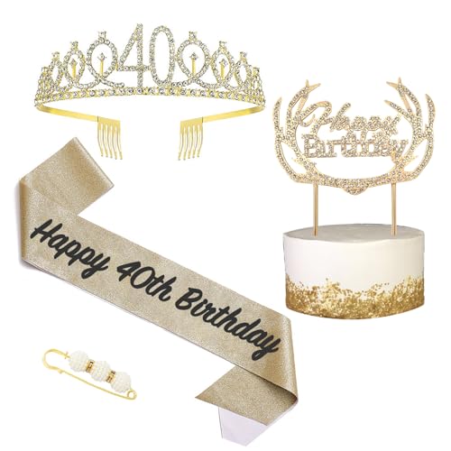 16 Geburtstag Krone und Schärpe Gold,Krone 16.Geburtstag,16. Geburtstag Schärpe und Tiara Kristall Kuchenaufsätze Kit,Krone 16 Geburtstag Mädchen für Geburtstag Geschenk Partyzubehör Dekor von POPOYU