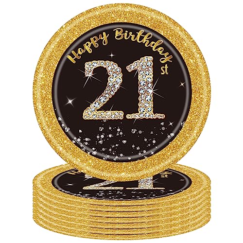 16 Stück 21. Geburtstag Pappteller Schwarz Gold,7 Zoll 17,8cm Happy 21st Birthday Schwarz-goldene Pappteller Einweg Deko 21. Geburtstag Partygeschirr für Männer Frauen 21. Geburtstag Party Dekoration von POPOYU