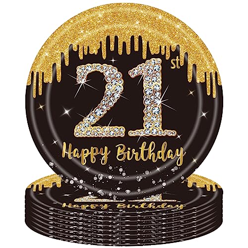 16 Stück 21. Geburtstag Pappteller Schwarz Gold,9 Zoll 23cm Happy 21st Birthday Schwarz-goldene Pappteller Einweg Deko 21. Geburtstag Partygeschirr für Männer Frauen 21. Geburtstag Party Dekoration von POPOYU