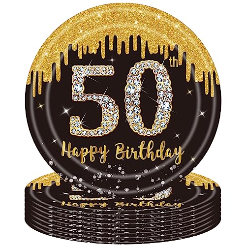 16 Stück 50. Geburtstag Pappteller Schwarz Gold,9 Zoll 23cm Happy 50th Birthday Schwarz-goldene Pappteller Einweg Deko 50. Geburtstag Partygeschirr für Männer Frauen 50. Geburtstag Party Dekoration von POPOYU