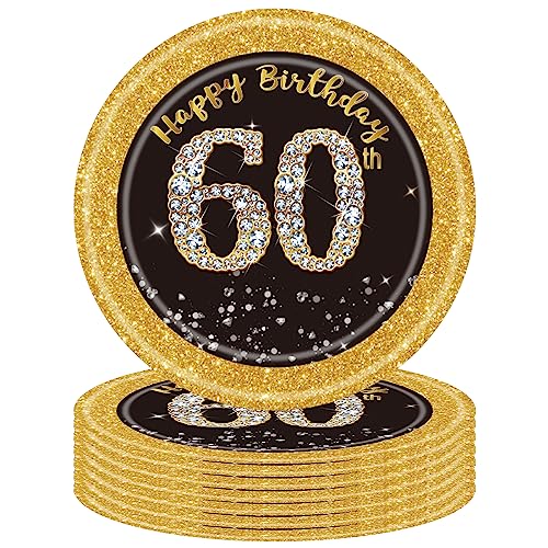 16 Stück 60. Geburtstag Pappteller Schwarz Gold,7 Zoll 17,8cm Happy 60th Birthday Schwarz-goldene Pappteller Einweg Deko 60. Geburtstag Partygeschirr für Männer Frauen 60. Geburtstag Party Dekoration von POPOYU