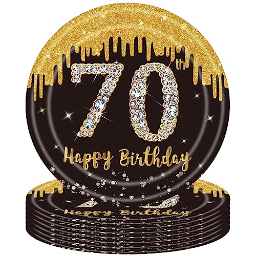 16 Stück 70. Geburtstag Pappteller Schwarz Gold,9 Zoll 23cm Happy 70th Birthday Schwarz-goldene Pappteller Einweg Deko 70. Geburtstag Partygeschirr für Männer Frauen 70. Geburtstag Party Dekoration von POPOYU