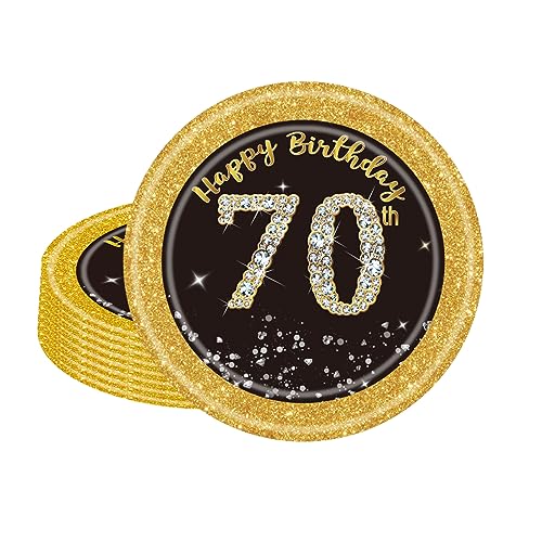 16 Stück Schwarz und Gold Pappteller 70. Geburtstag Party Tischdeko 17.78cm Pappteller Hochwertige Papptelle für Mann Frau Geburtstag Party Deko Partyzubehör zum Thema Schwarz Gold von POPOYU