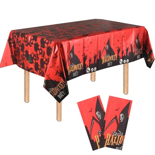 2 Stück Halloween Dekoration Tischdecke,Halloween-Sensenmann Tischdecke,Rechteckige wasserdichte Halloween Tischdecke,Rot Halloween Foil tablecloth für Drinnen Draußen Halloween Party Deko von POPOYU