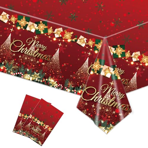 2 Stück Weihnachtstischdecke Rechteck Weihnachten wasserdichte Tischdecke für Tischdekorationen 137 x 274cm Xmas Rot Und Gold Kunststoff Tischdecke für Weihnachten Urlaub Winter-Party-Zubehör von POPOYU