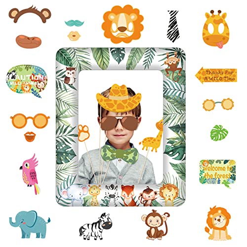 25 Stück Dschungel Safari Tier Fotorahmen-Set mit Photo Booth Requisiten Aufblasbare Fotorahmen Selfie Bilderrahmen Dschungel Tier Fotobox Accessoires für Kinder Geburtstag Tier Themed Party-Deko von POPOYU