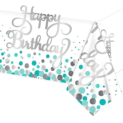 274 x 137 cm Cyan Blau Kunststoff Tischdeck Rechteck Happy Birthday Tischdecke für Jungen Mädchen Männer Frauen Geburtstag Dekorationen wasserdichte Tischdecke für Geburtstag Hochzeit Party von POPOYU