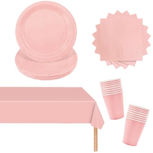 53PCS Papiergeschirr Rosa Papier Geschirr Set Party Weihnachts Party Geschirr Set, Rosa Tischdecke Rechteckig,Pappteller,Servietten,Pappbecher für Geburtstag,Hochzeiten,Weihnachten Dekoration von POPOYU