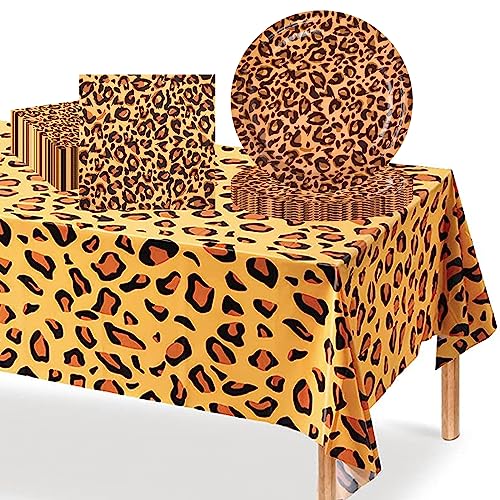 37 Stück Leoparddruck Geschirrset,Tierdruck Party Pappteller 22,9 cm Servietten Tischdecke Dschungel Safari Partygeschirr Set für Babyparty Geburtstag Party Tier Thema PartyZubehör von POPOYU