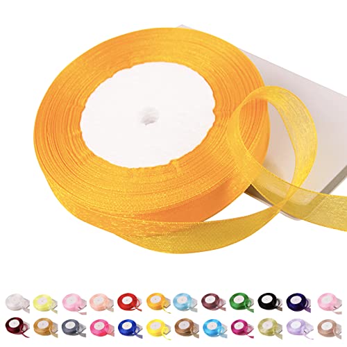 POPOYU Chiffonband Golden,15mmx45m Organzaband Weiss Schleifenband Hochzeit Geschenkband Hochzeit Tüllband Transparent Satinband Golden für Weihnachten Hochzeit Taufe Geburtstag von POPOYU