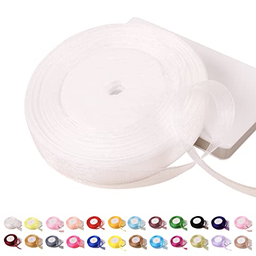 POPOYU Chiffonband Weiß,15mmx45m Organzaband Weiss Schleifenband Hochzeit Geschenkband Hochzeit Tüllband Transparent Satinband Weiß für Weihnachten Hochzeit Taufe Geburtstag von POPOYU