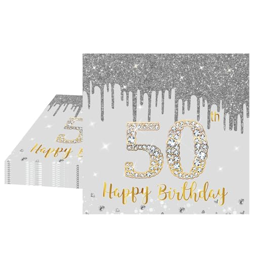 50 Geburtstag Servietten Party Deco für 50th Birthday, 20P Silber Gold 50. Geburtstag mit Goldschrift, 33X33 cm Silbergold Geburtstagsbesteck Papierservietten für Event, Geburtstagparty, Jubiläum von POPOYU