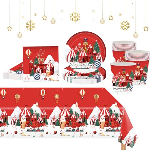 53PCS Weihnachten Papiergeschirr Set Party Weihnachts Party Geschirr Set für 16 Gäste, Weihnachten Geschirr Set, Weihnachten Dekoration,Tischdecke,Pappteller,Servietten,Pappbecher für Weihnachten von POPOYU