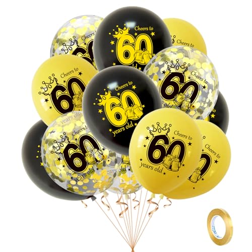 Gold Schwarz Luftballons 60. Geburtstag Deko,15 Stück Happy Birthday Luftballons Schwarz Gold Deko,60. Konfetti Zahlenballon,60. Geburtstag Deko Set für Männer Frauen 60 Geburtstag Party Dekoration von POPOYU