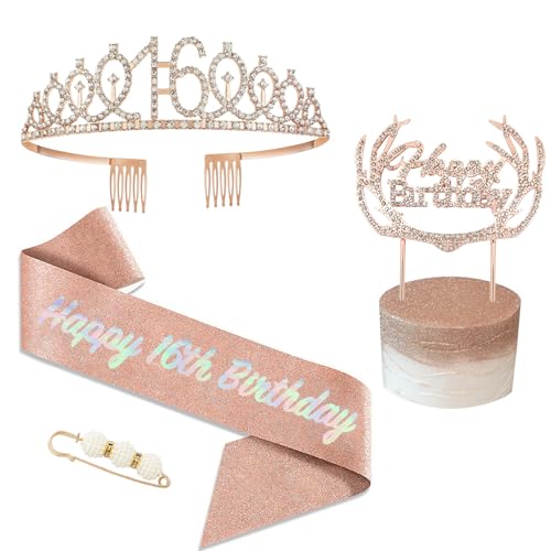 60 Geburtstag Krone und Schärpe Roségold,Krone 60.Geburtstag,60. Geburtstag Schärpe und Tiara Kristall Kuchenaufsätze Kit,Krone 60 Geburtstag Frauen für Geburtstag Geschenk Partyzubehör Dekor von POPOYU