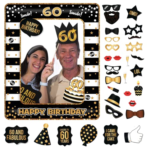 60th Foto Requisiten und aufblasbarer Rahmen,34 Stücke Fotobox Accessoires Fotokabine für 60.Geburtstagsfeier,Party Foto Booth Props Mix von Kappen,Weinglas,Lippen Stift,Krawatte,Kronen und mehr von POPOYU