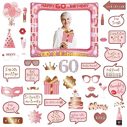 60th Foto Requisiten und Aufblasbarer Rahmen, 40 Stücke Fotobox Accessoires Fotokabine für 60.Geburtstagsfeier, Roségold Party Foto Booth Props Mix von Kappen, Weinglas, Lippen Stift, Krawatte, Kronen von POPOYU