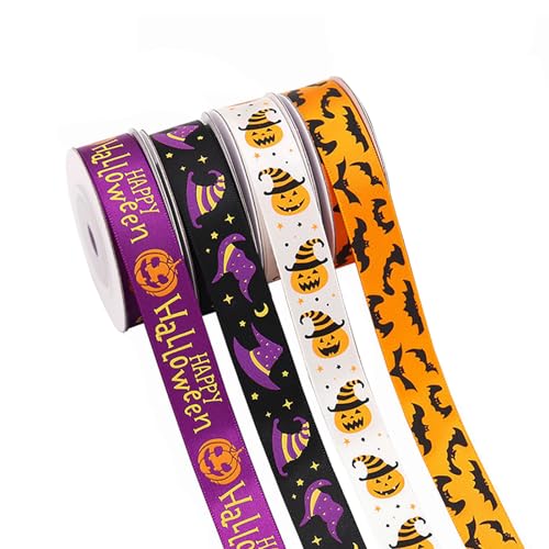 4 Rollen Halloween Ripsband 5 Yard x 16mm, Halloween Satinband, Orange Schwarz Lila Geschenkband, Halloween Bänder Zierband Dekoband für Halloween, Stoffband Satin für Geschenkverpackung Kürbis Geist von POPOYU